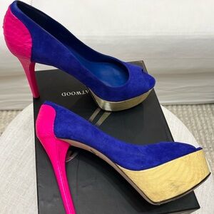 Brian Atwood Blue and Pink Peep Toe Heels